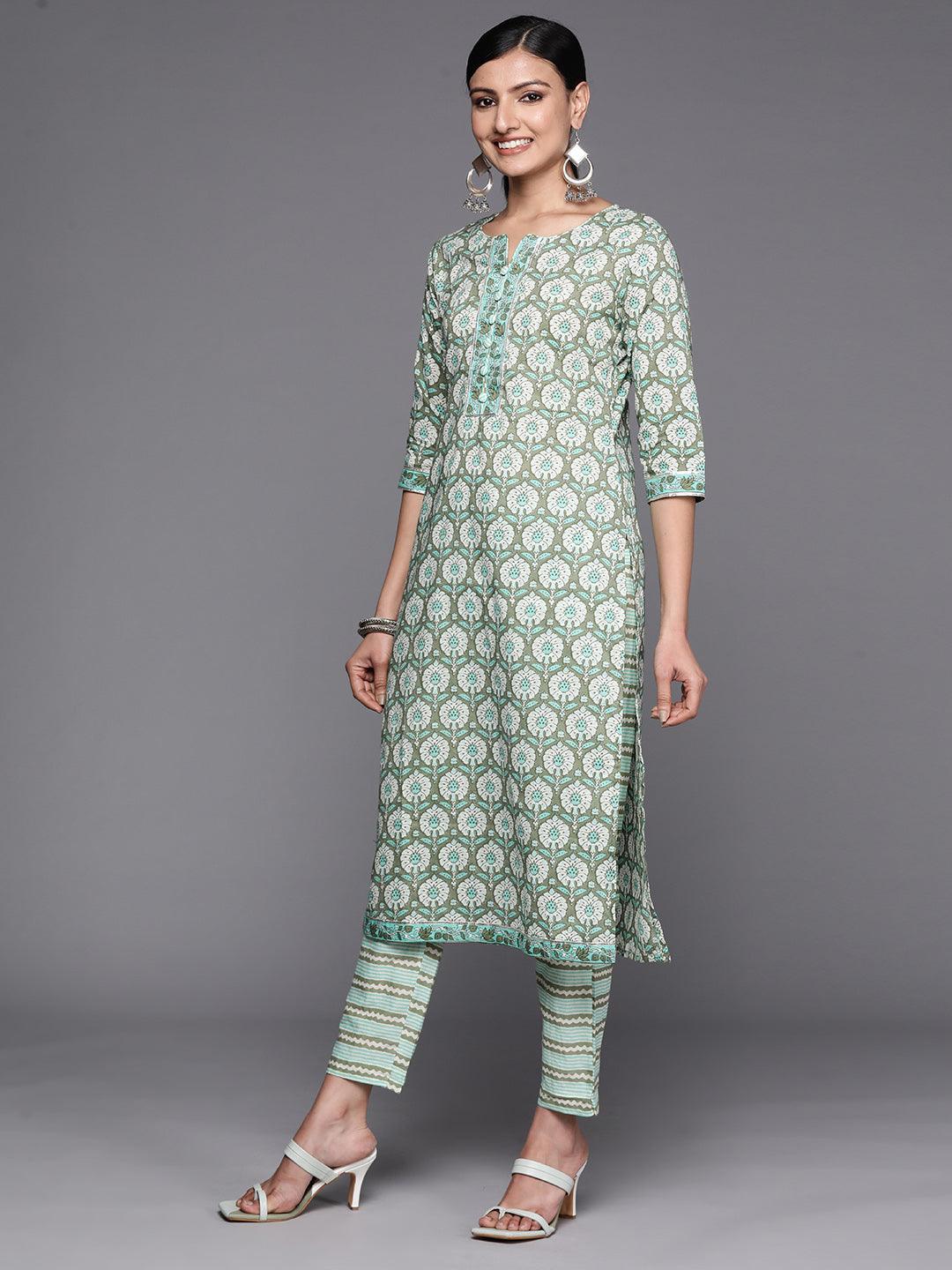 Green Printed Cotton Straight Kurta Set With Trousers - ShopLibas