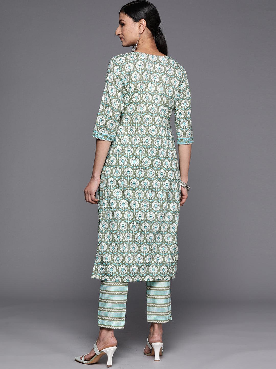 Green Printed Cotton Straight Kurta Set With Trousers - ShopLibas