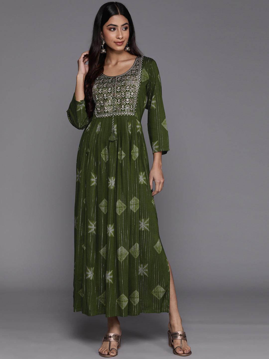 Green Printed Fit and Flare Rayon Dress