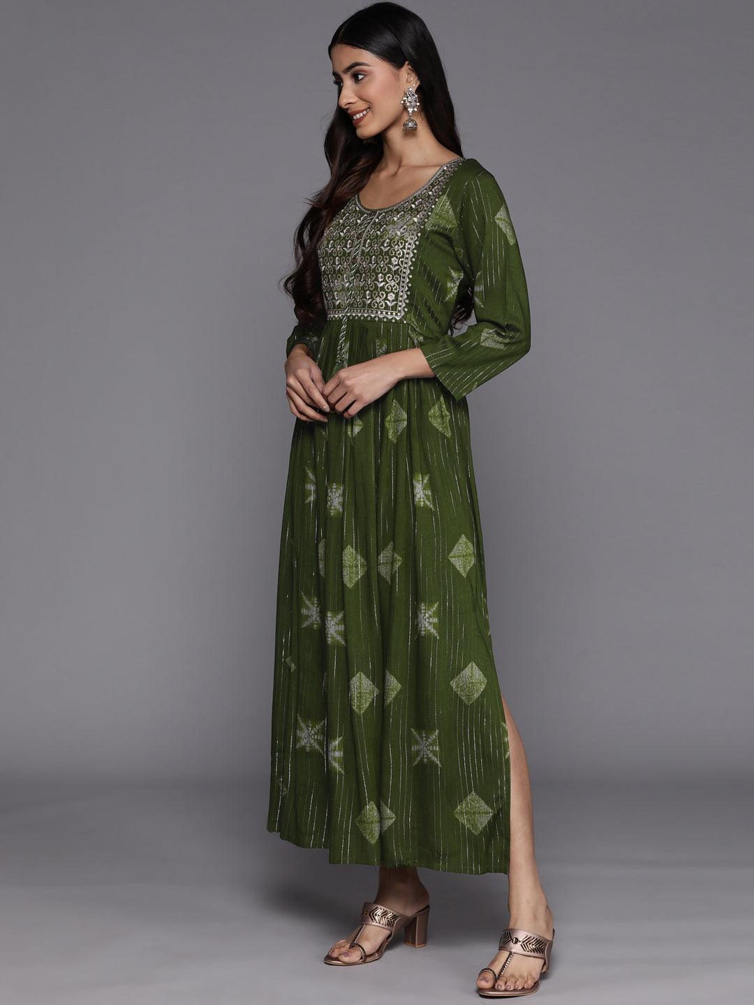 Green Printed Fit and Flare Rayon Dress