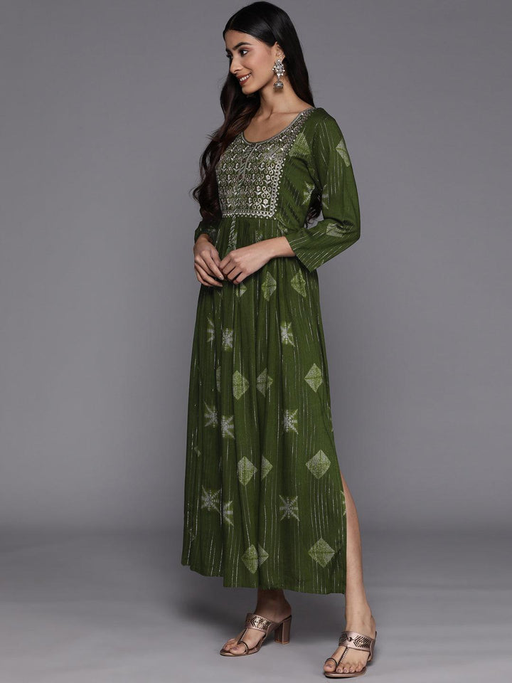 Green Printed Fit and Flare Rayon Dress - ShopLibas