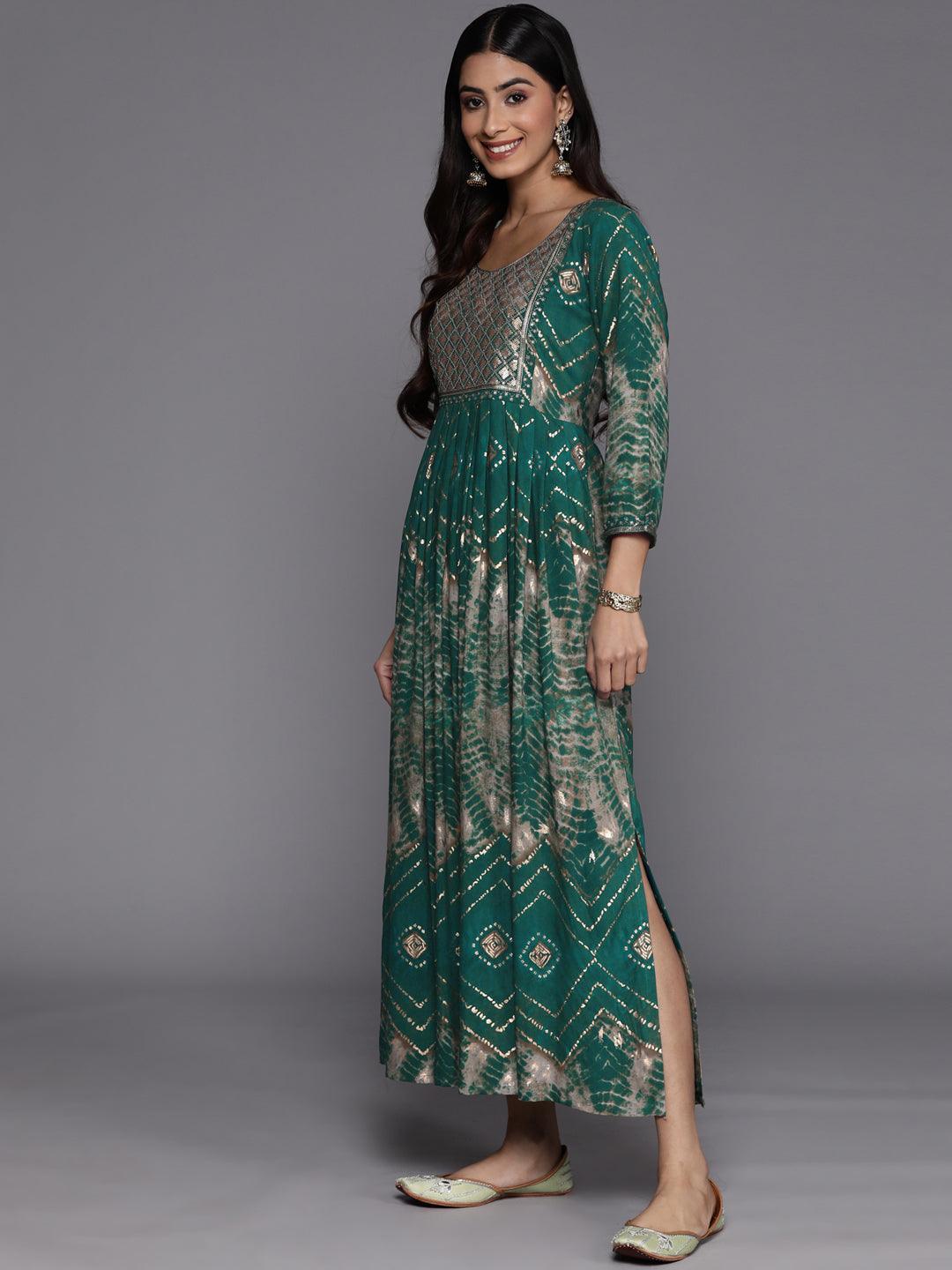 Green Printed Fit and Flare Rayon Dress - ShopLibas