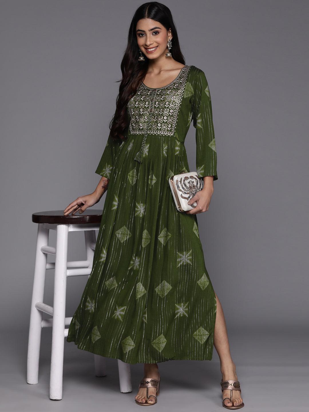 Green Printed Fit and Flare Rayon Dress