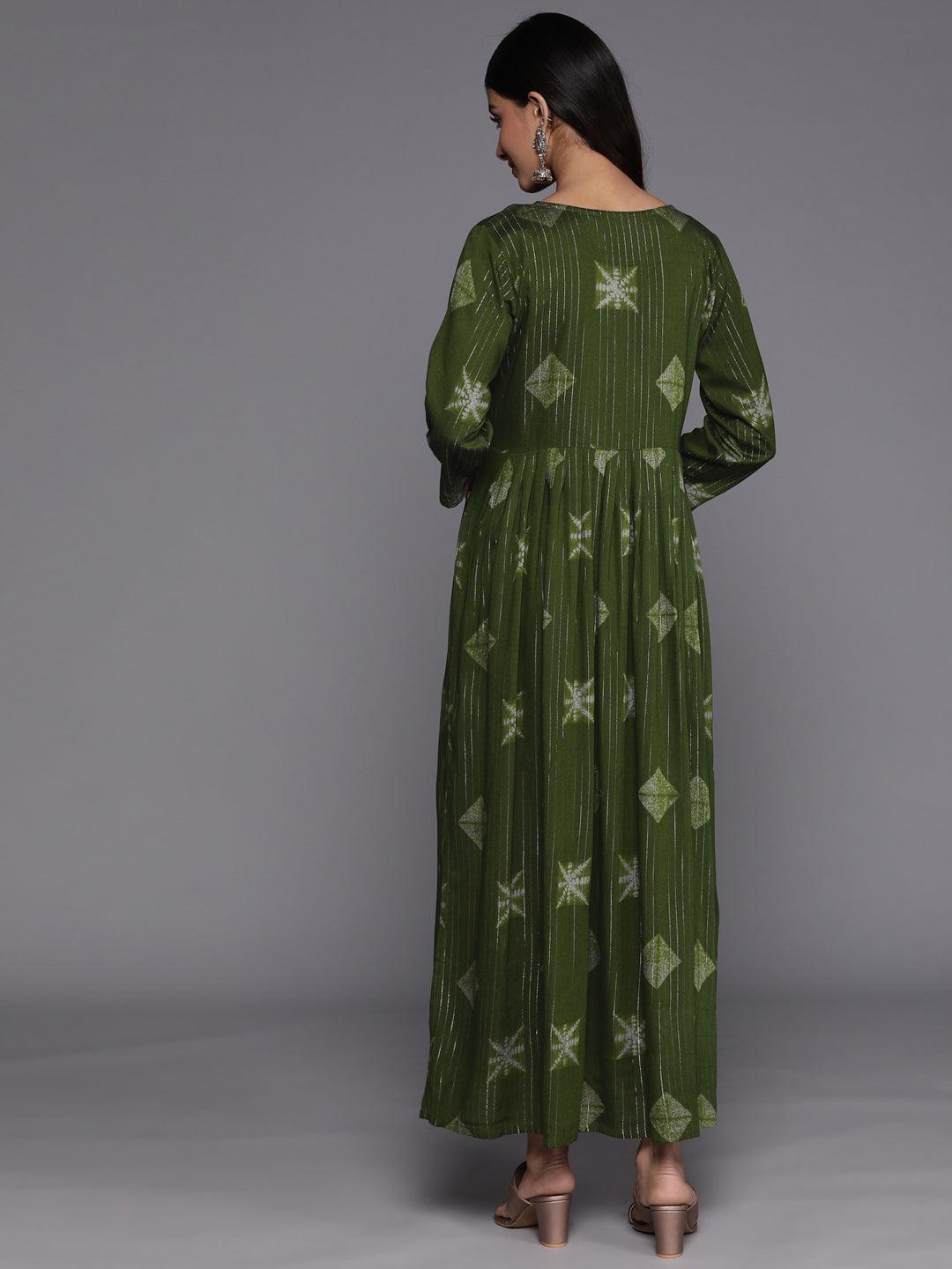 Green Printed Fit and Flare Rayon Dress