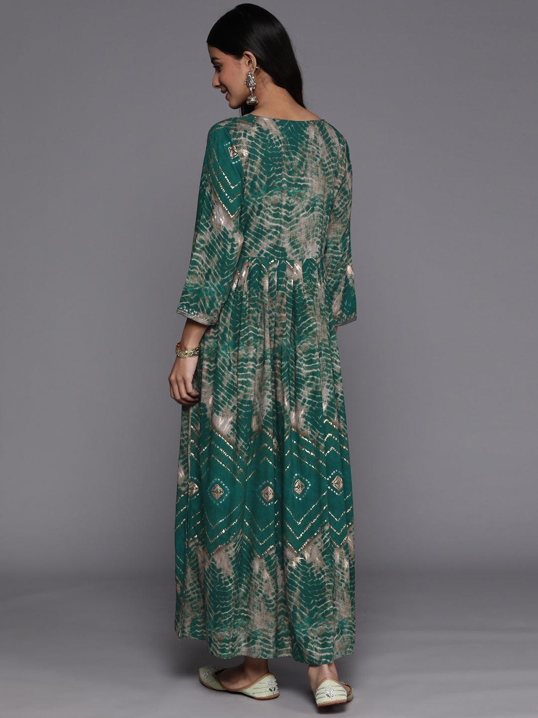 Green Printed Fit and Flare Rayon Dress