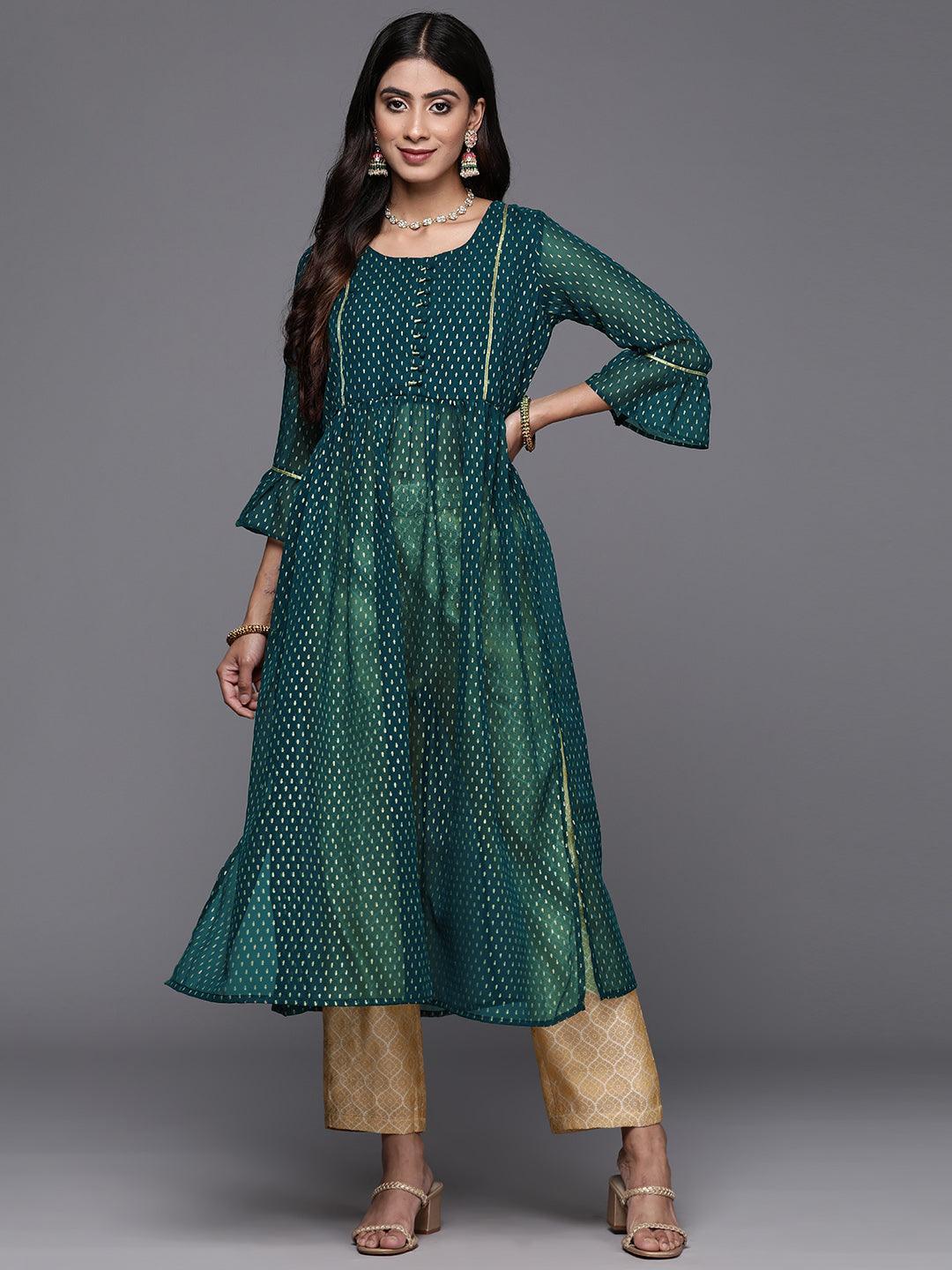 Green Printed Georgette A-Line Kurta