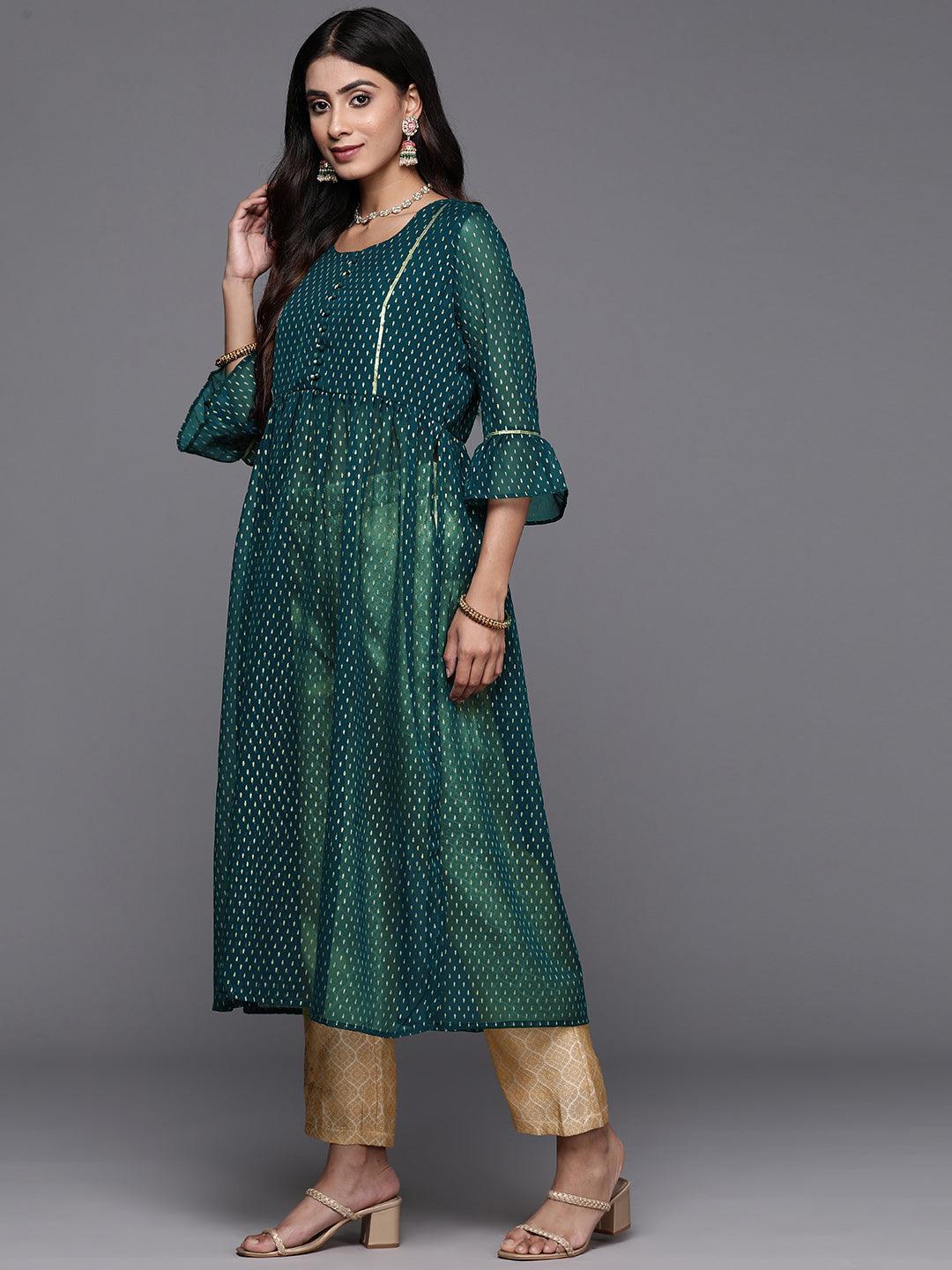 Green Printed Georgette A-Line Kurta