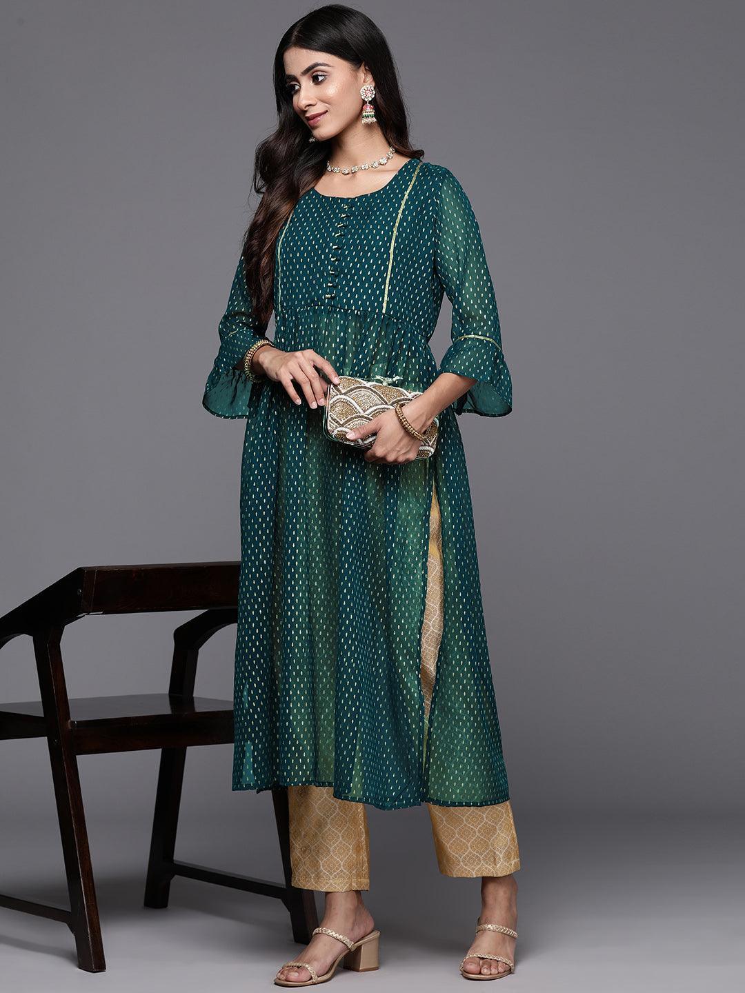 Green Printed Georgette A-Line Kurta