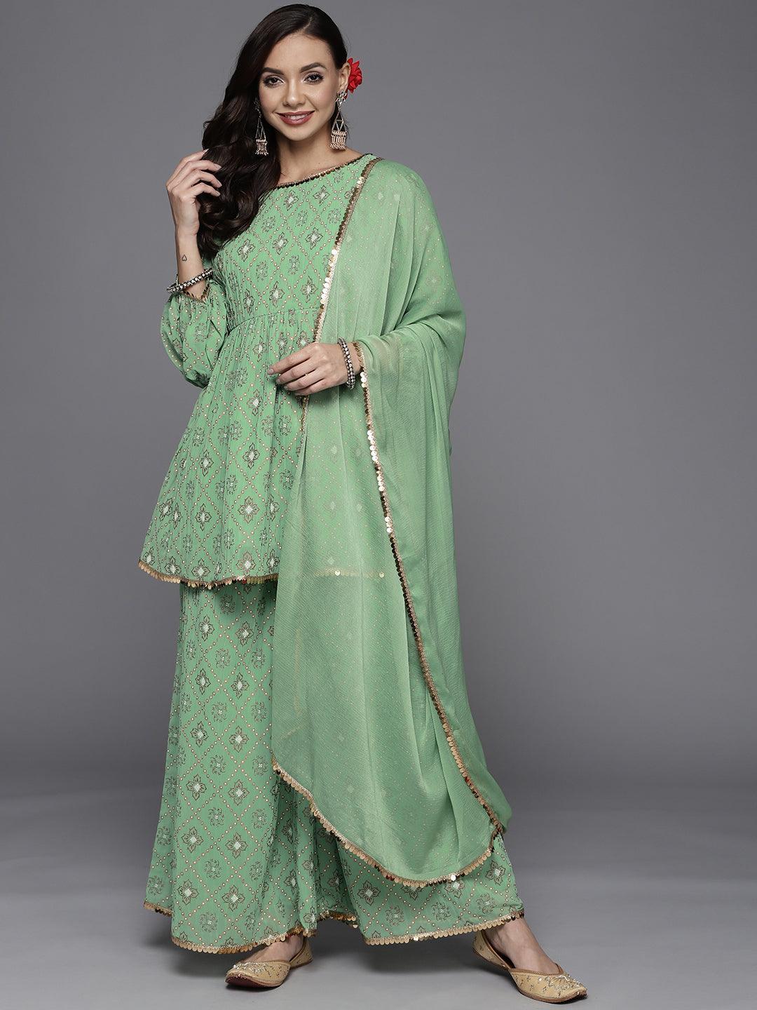 Green Printed Georgette A-Line Suit Set