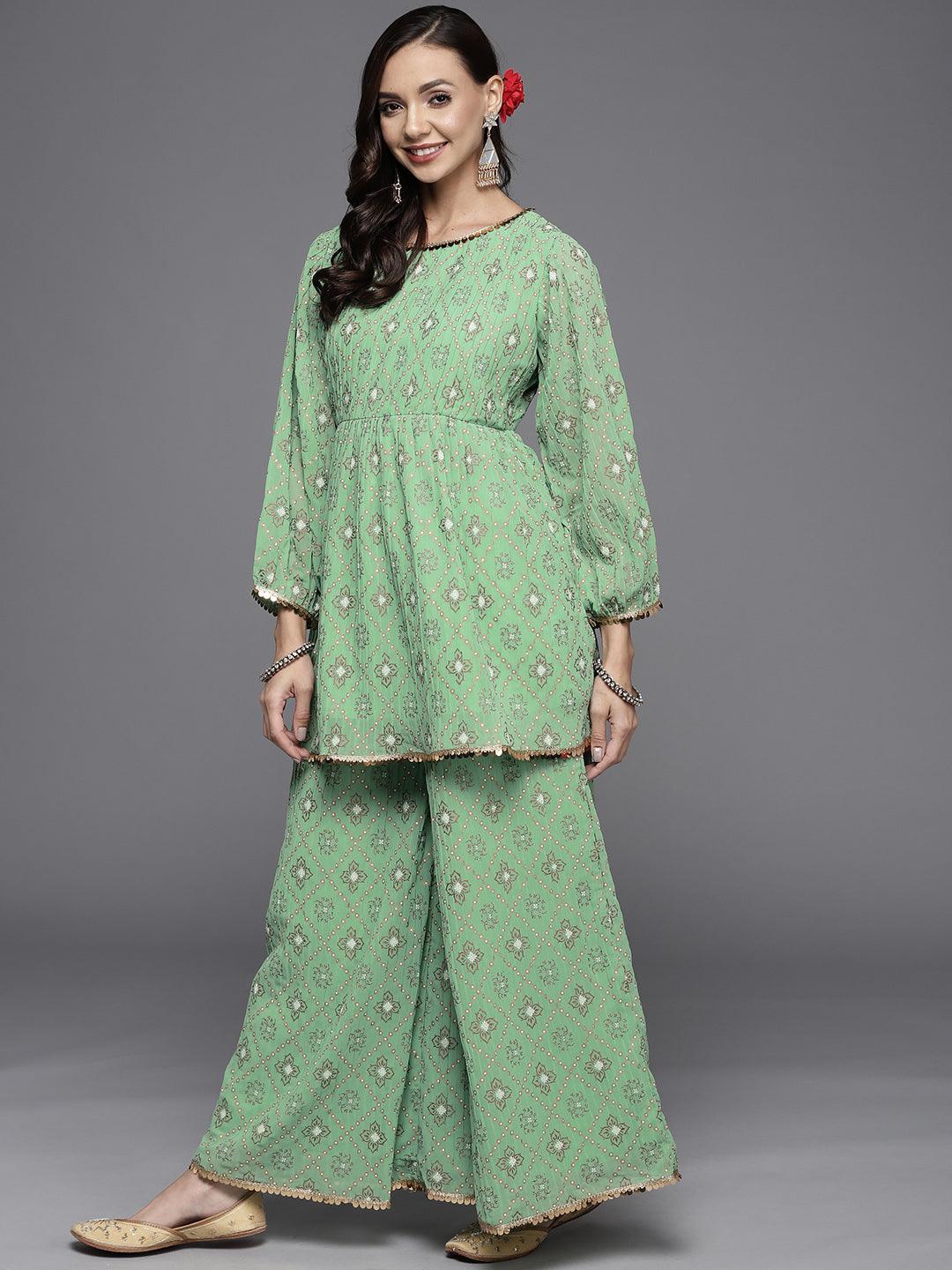 Green Printed Georgette A-Line Suit Set