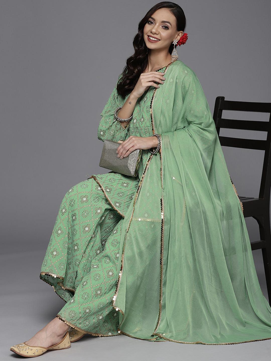 Green Printed Georgette A-Line Suit Set