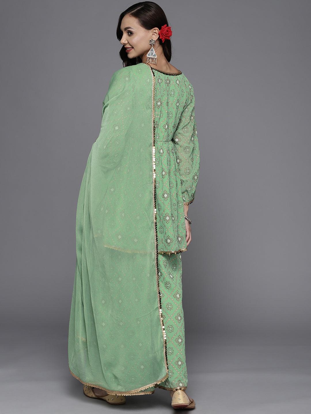 Green Printed Georgette A-Line Suit Set