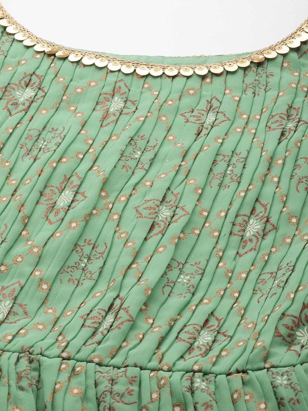 Green Printed Georgette A-Line Suit Set