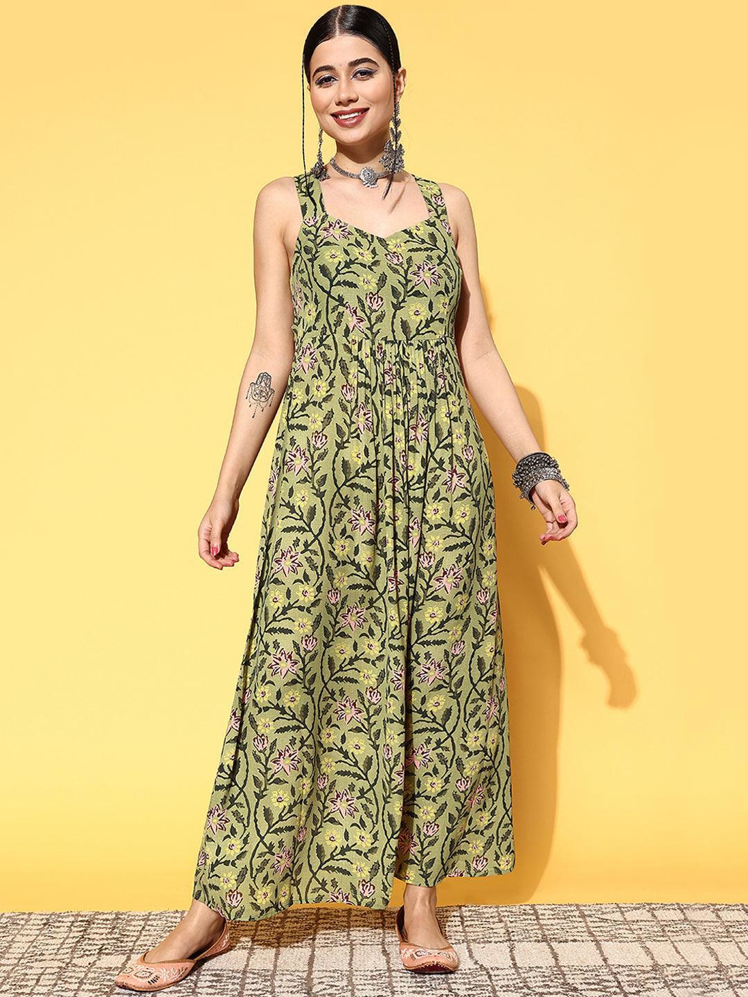 Green Printed Georgette Fit and Flare Dress - ShopLibas