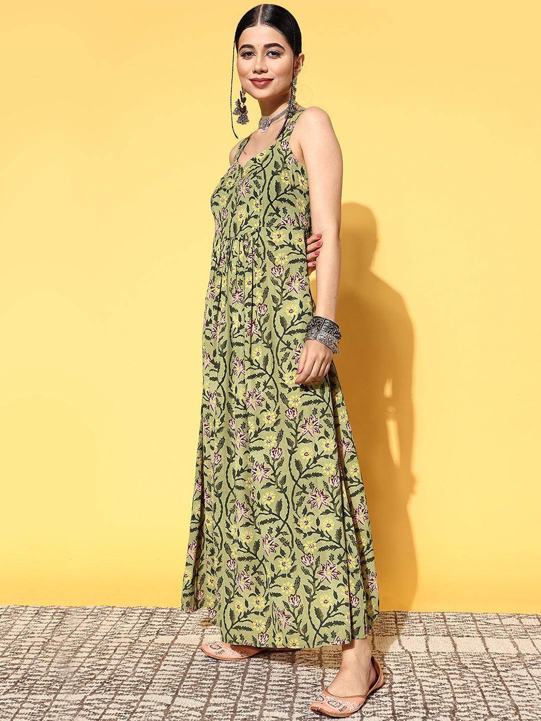 Green Printed Georgette Fit and Flare Dress - ShopLibas