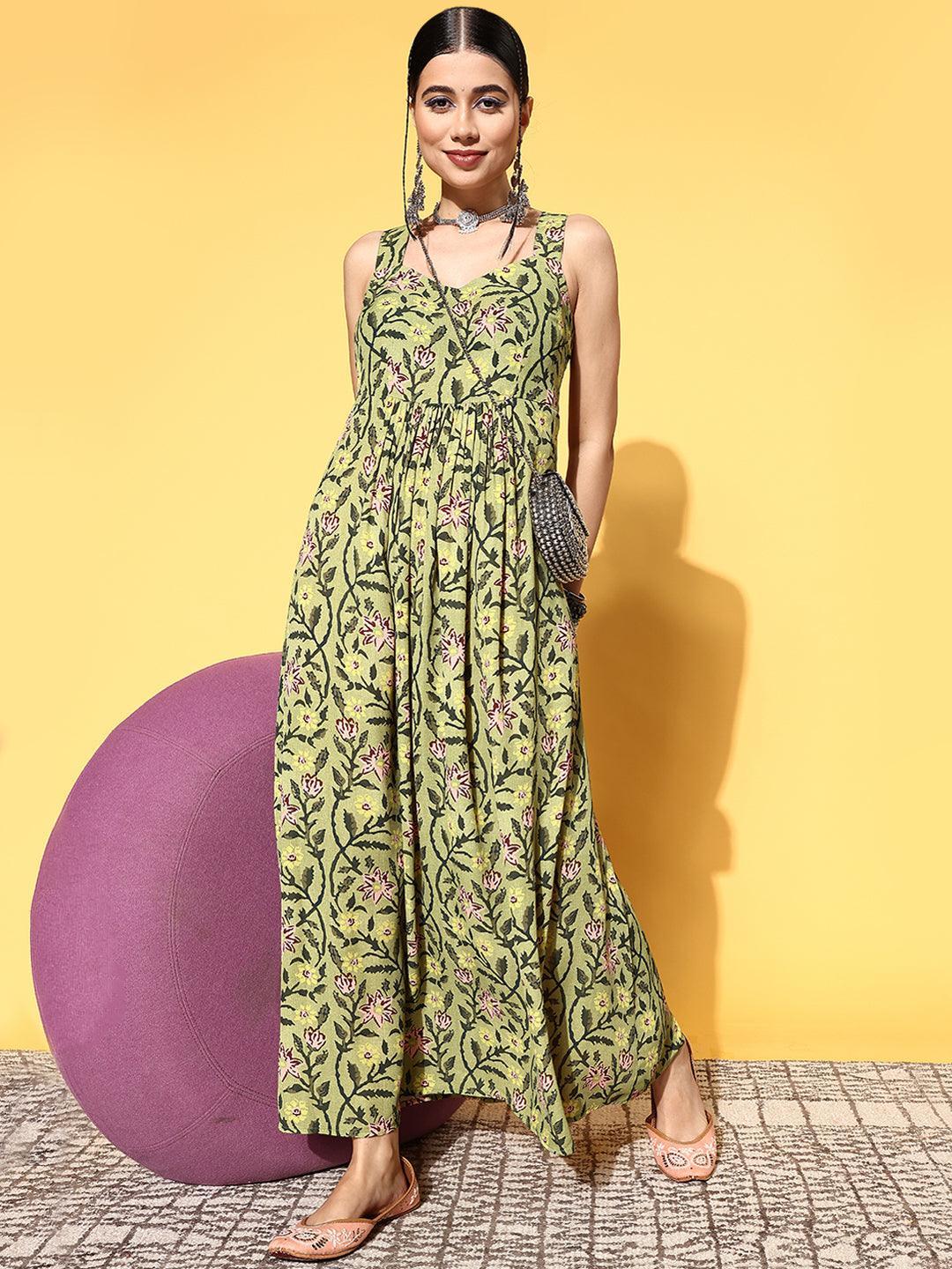 Green Printed Georgette Fit and Flare Dress - ShopLibas