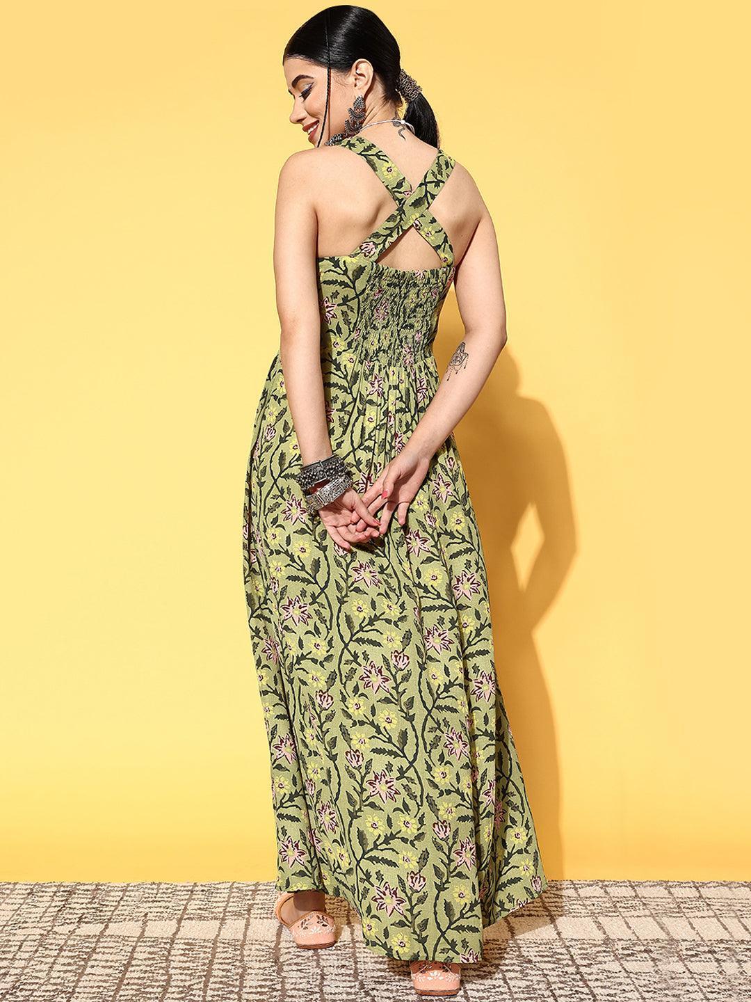 Green Printed Georgette Fit and Flare Dress - ShopLibas