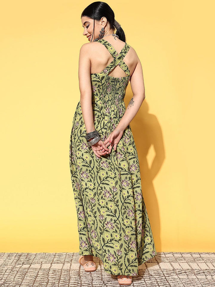 Green Printed Georgette Fit and Flare Dress - ShopLibas