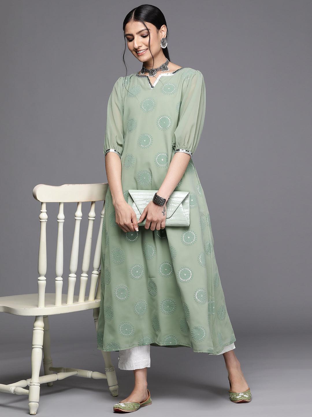 Green Printed Georgette Kurta - ShopLibas