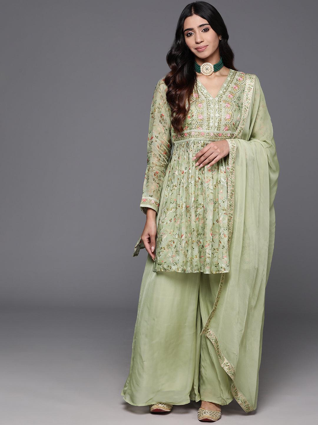 Green Printed Organza A-Line Kurta With Palazzos & Dupatta