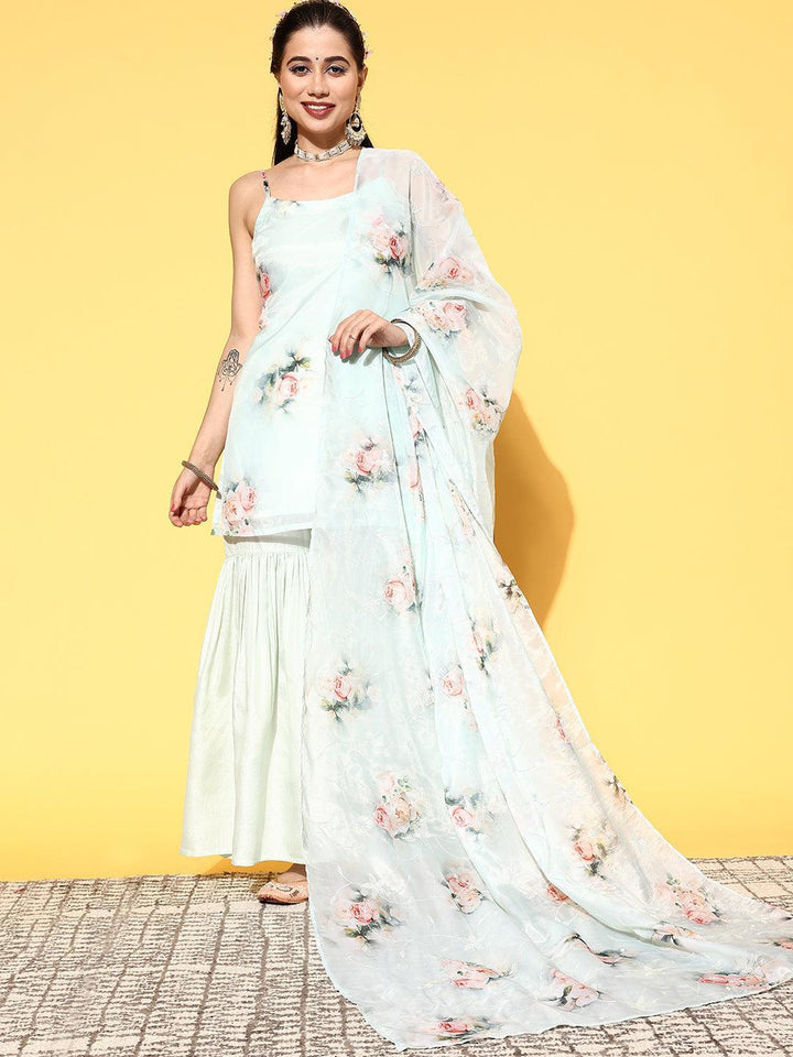 Green Printed Organza Straight Suit Set - ShopLibas