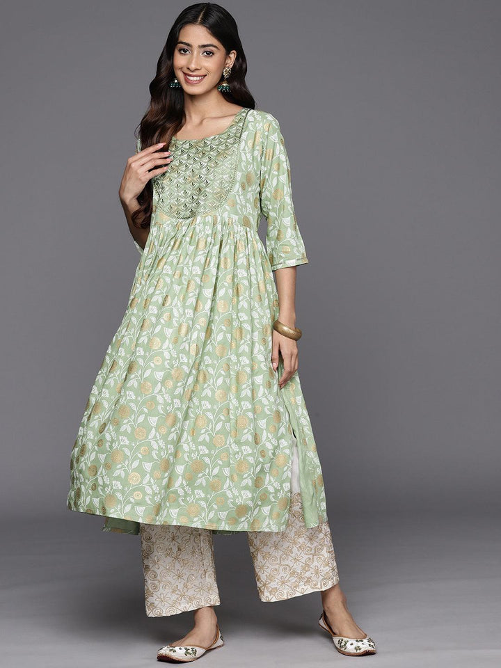 Green Printed Rayon A-Line Kurta - ShopLibas