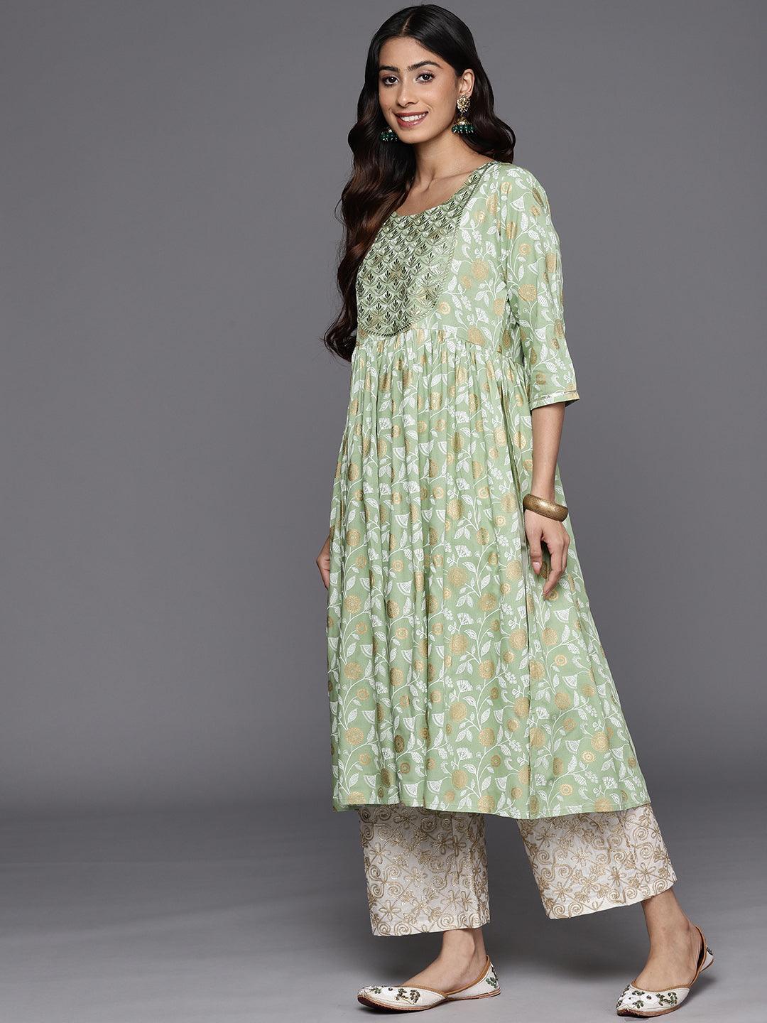 Green Printed Rayon A-Line Kurta - ShopLibas