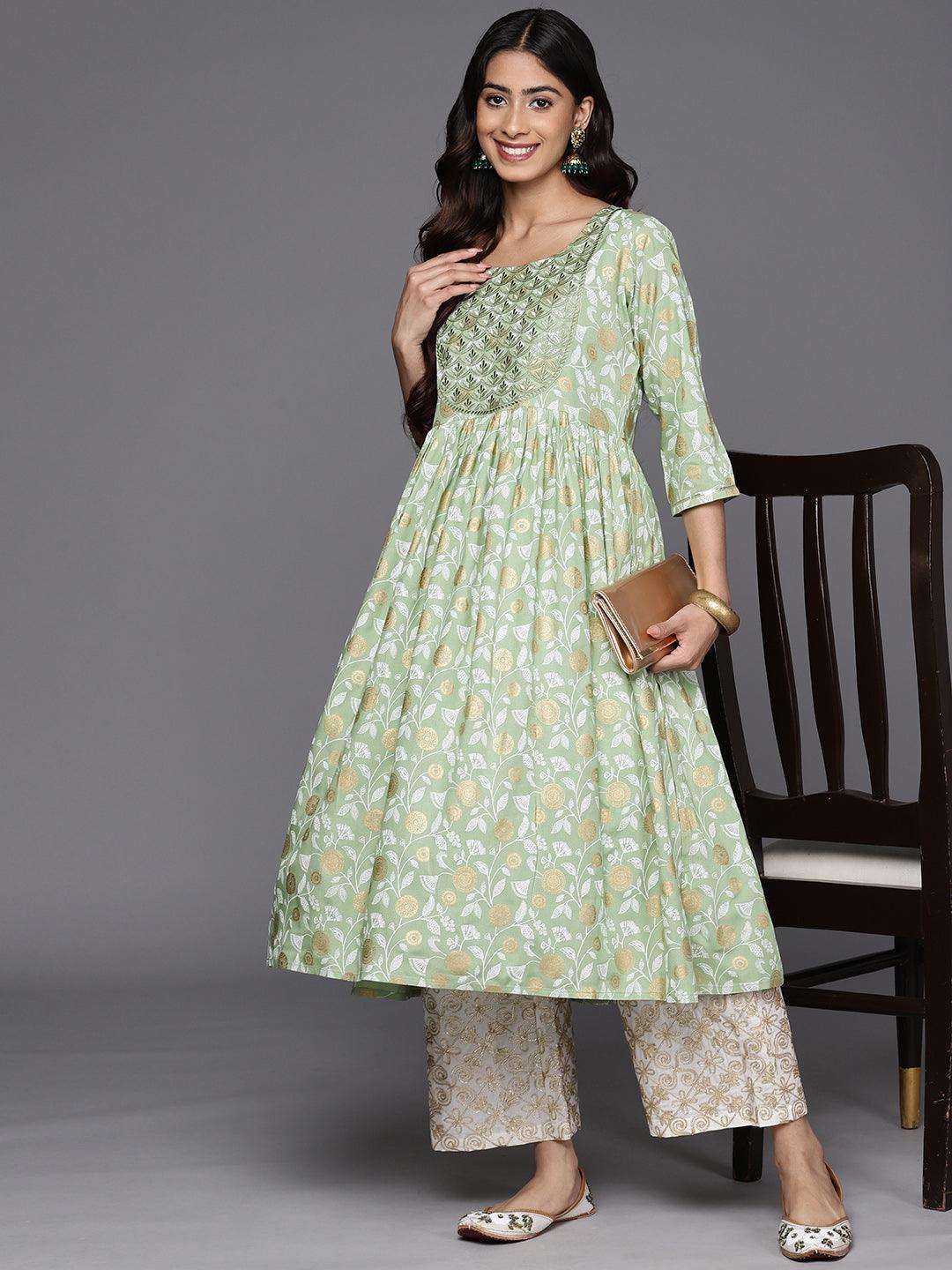 Green Printed Rayon A-Line Kurta - ShopLibas