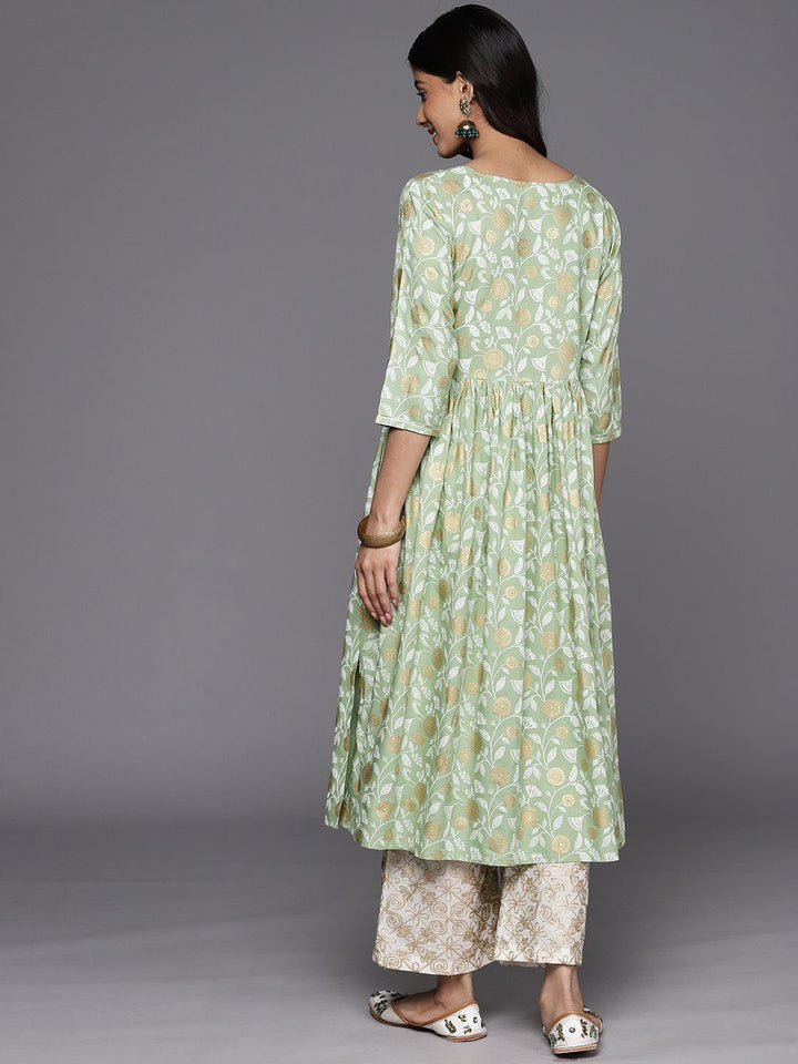 Green Printed Rayon A-Line Kurta - ShopLibas