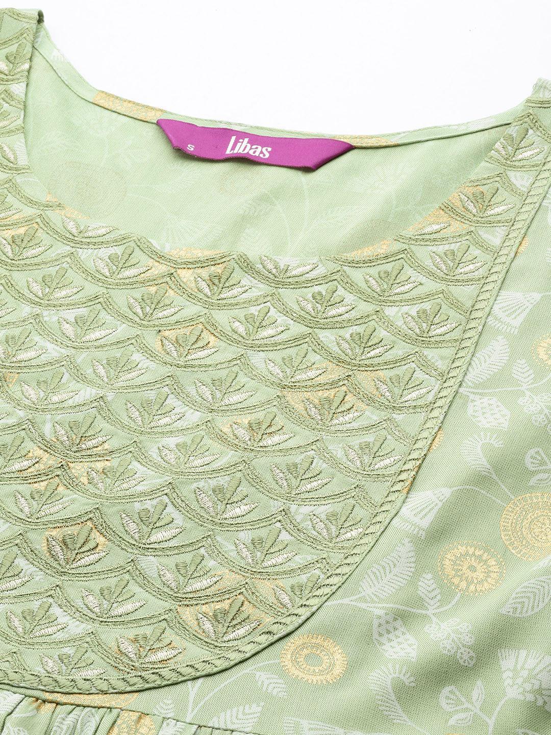 Green Printed Rayon A-Line Kurta - ShopLibas