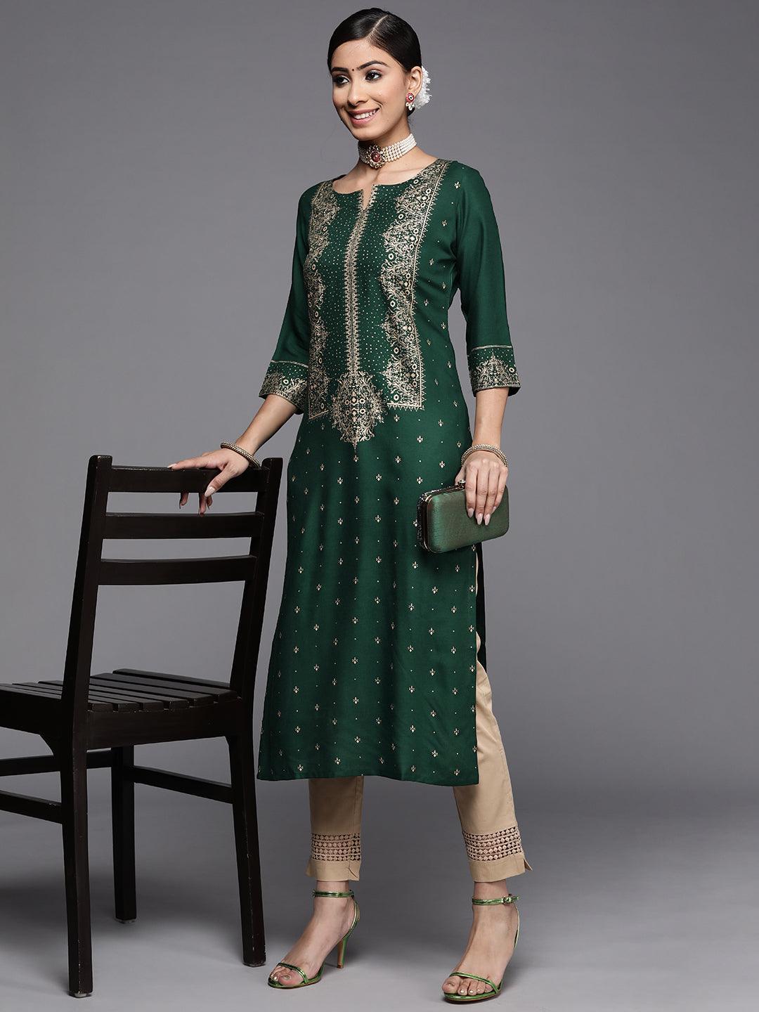 Green Printed Rayon Kurta - ShopLibas