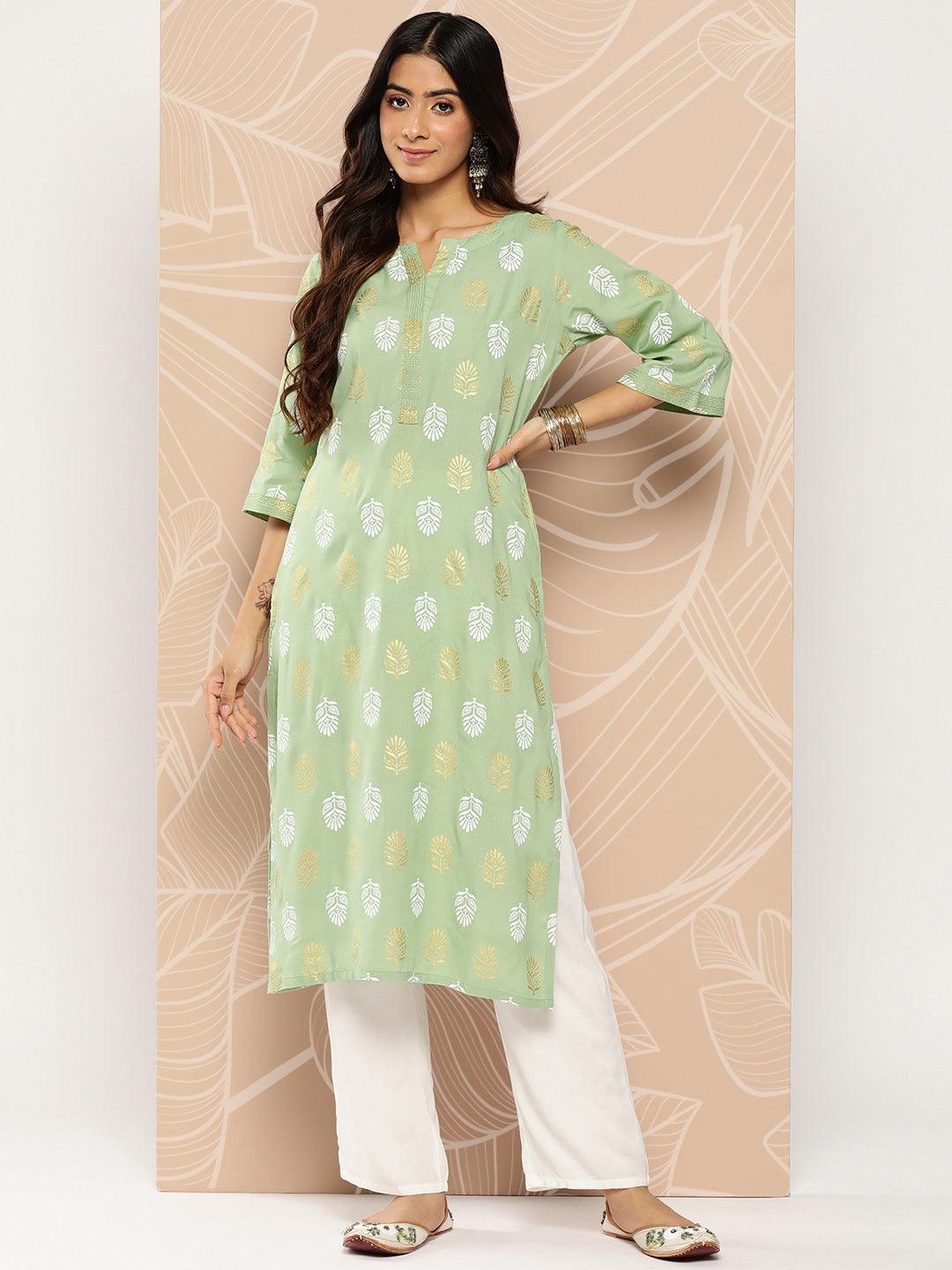 Green Printed Rayon Straight Kurta - Libas