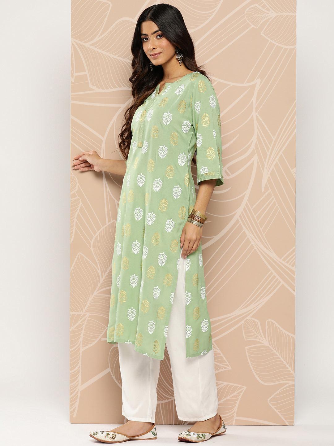 Green Printed Rayon Straight Kurta