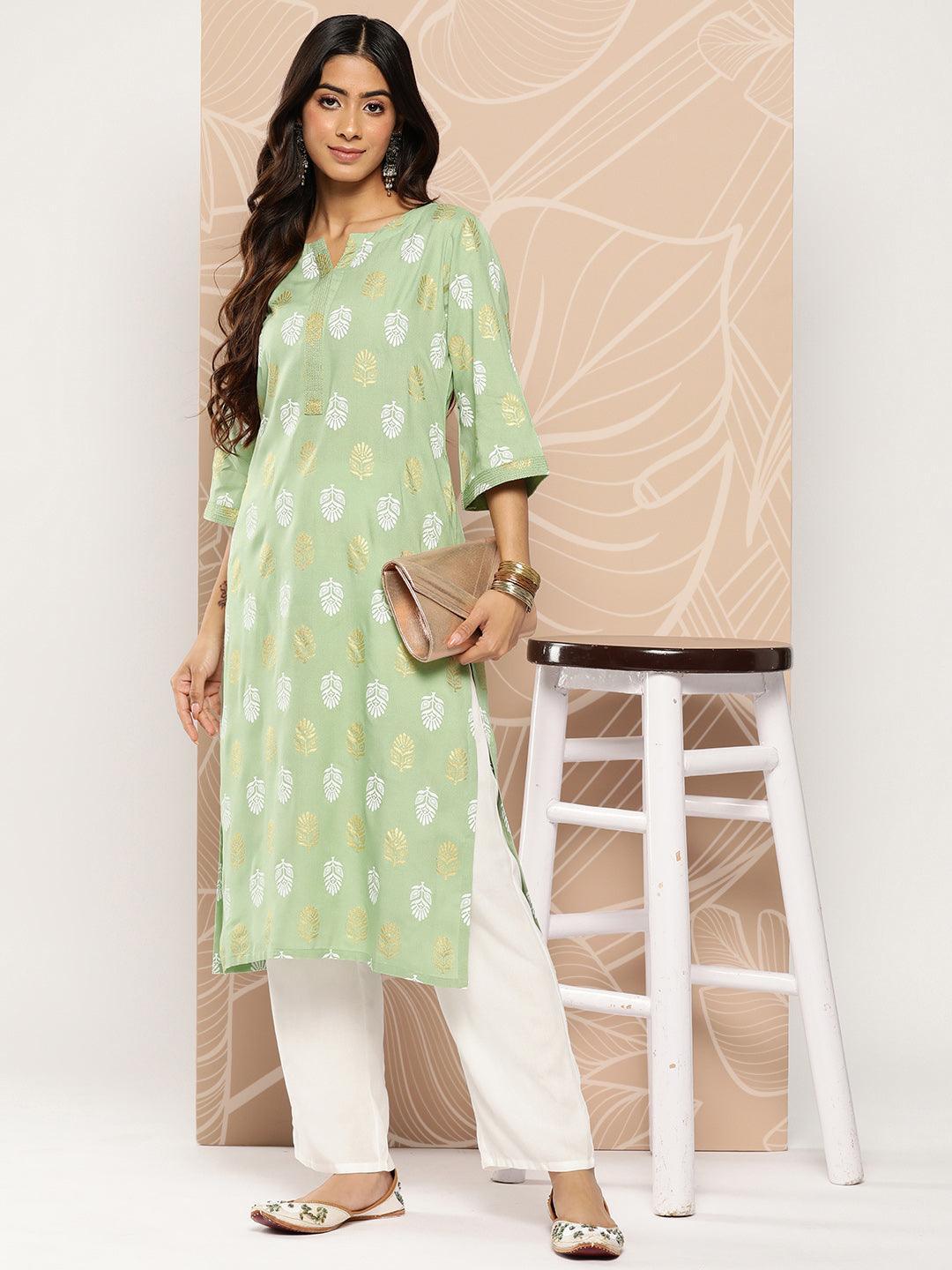 Green Printed Rayon Straight Kurta - Libas