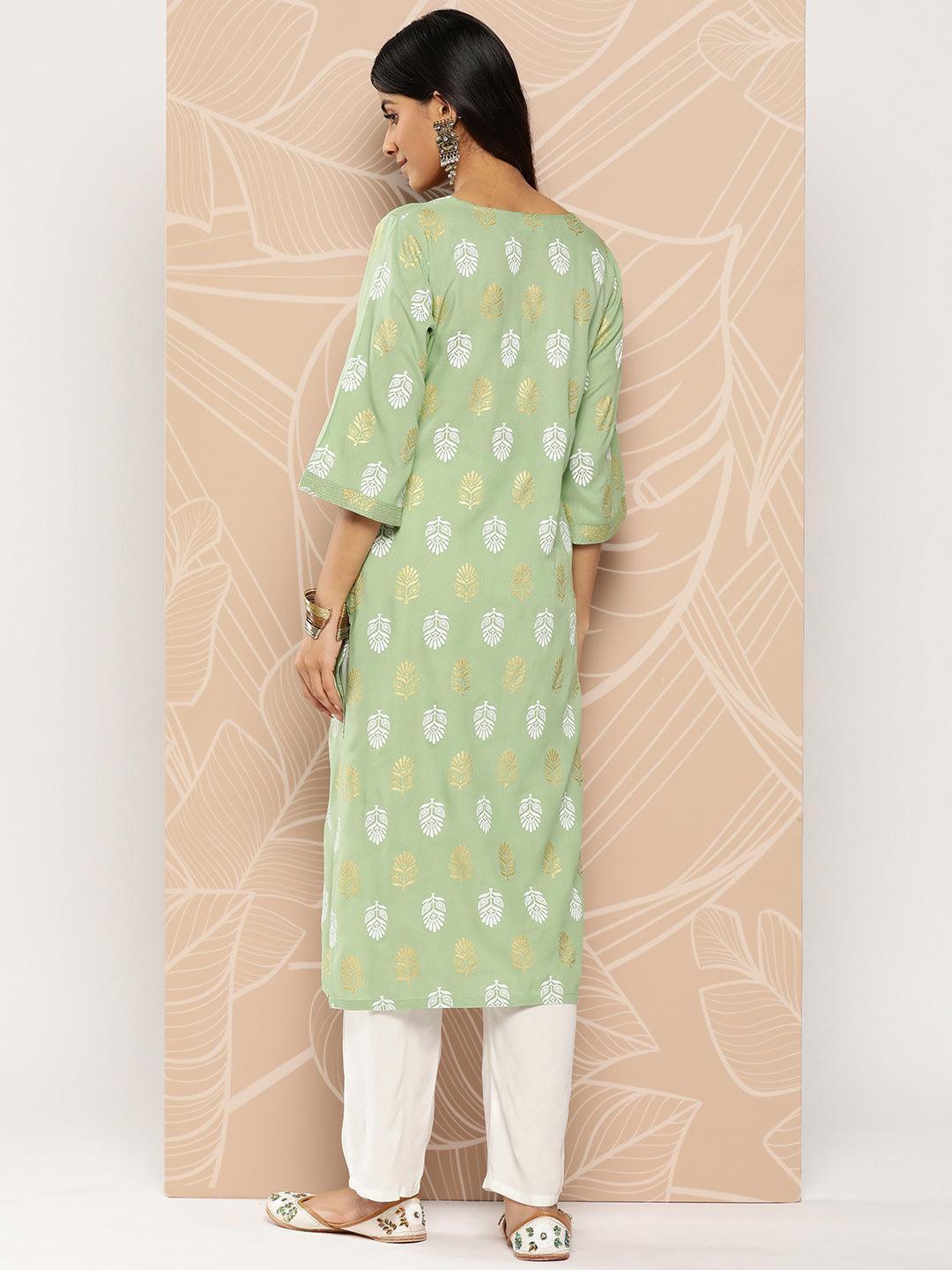 Green Printed Rayon Straight Kurta - Libas