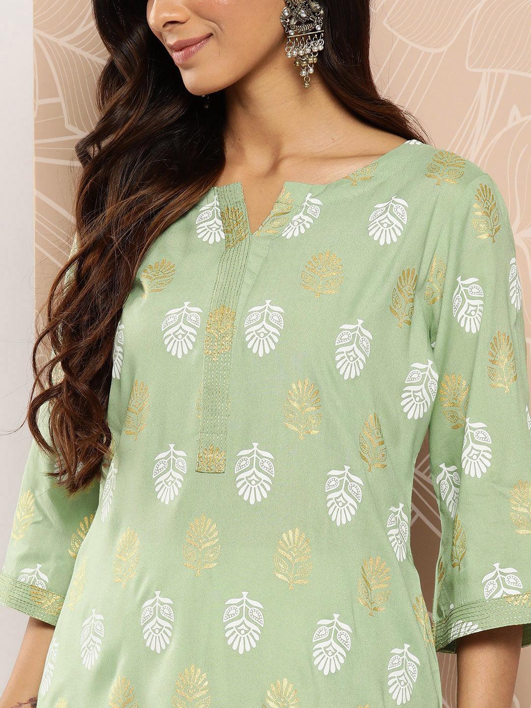 Green Printed Rayon Straight Kurta