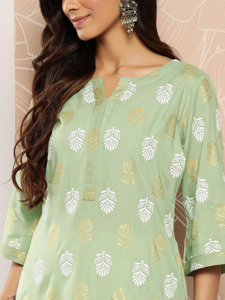 Green Printed Rayon Straight Kurta - Libas