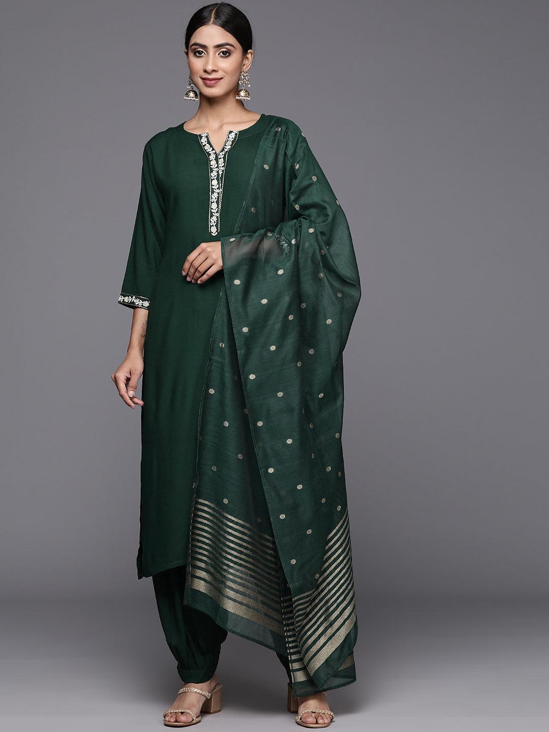 Green Printed Rayon Straight Kurta With Salwar & Dupatta