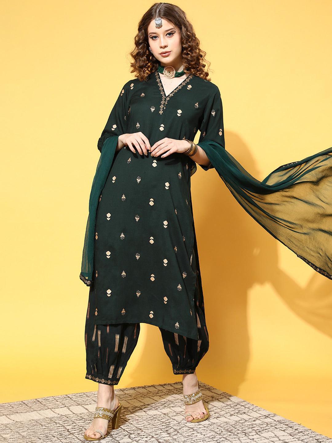 Green Printed Rayon Suit Set - ShopLibas