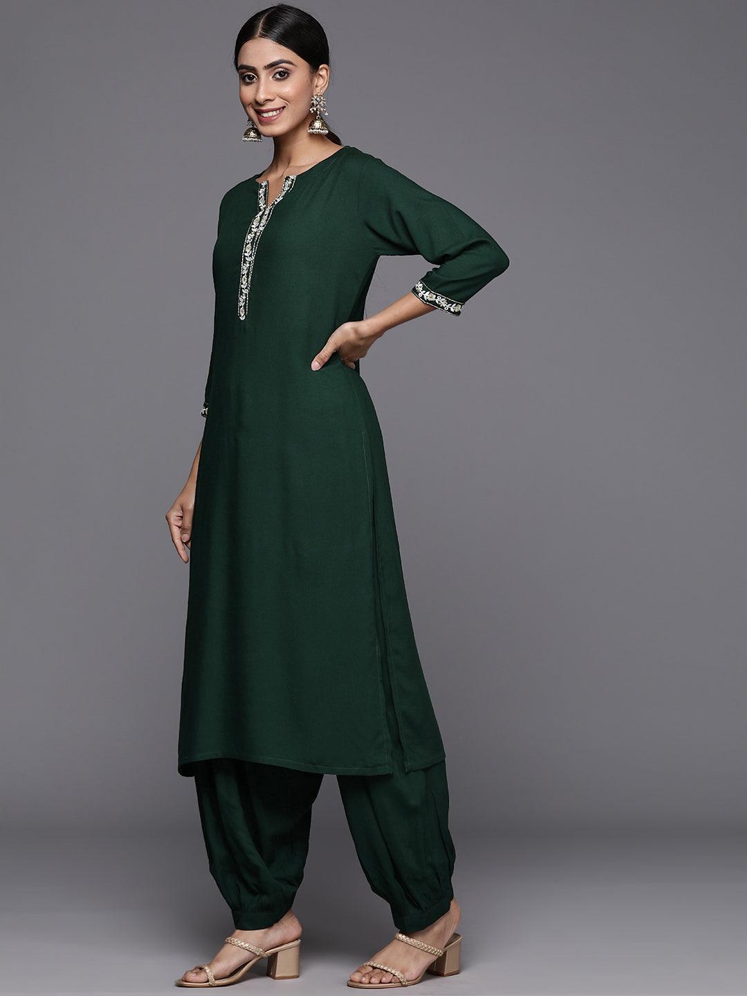 Green Printed Rayon Straight Kurta With Salwar & Dupatta