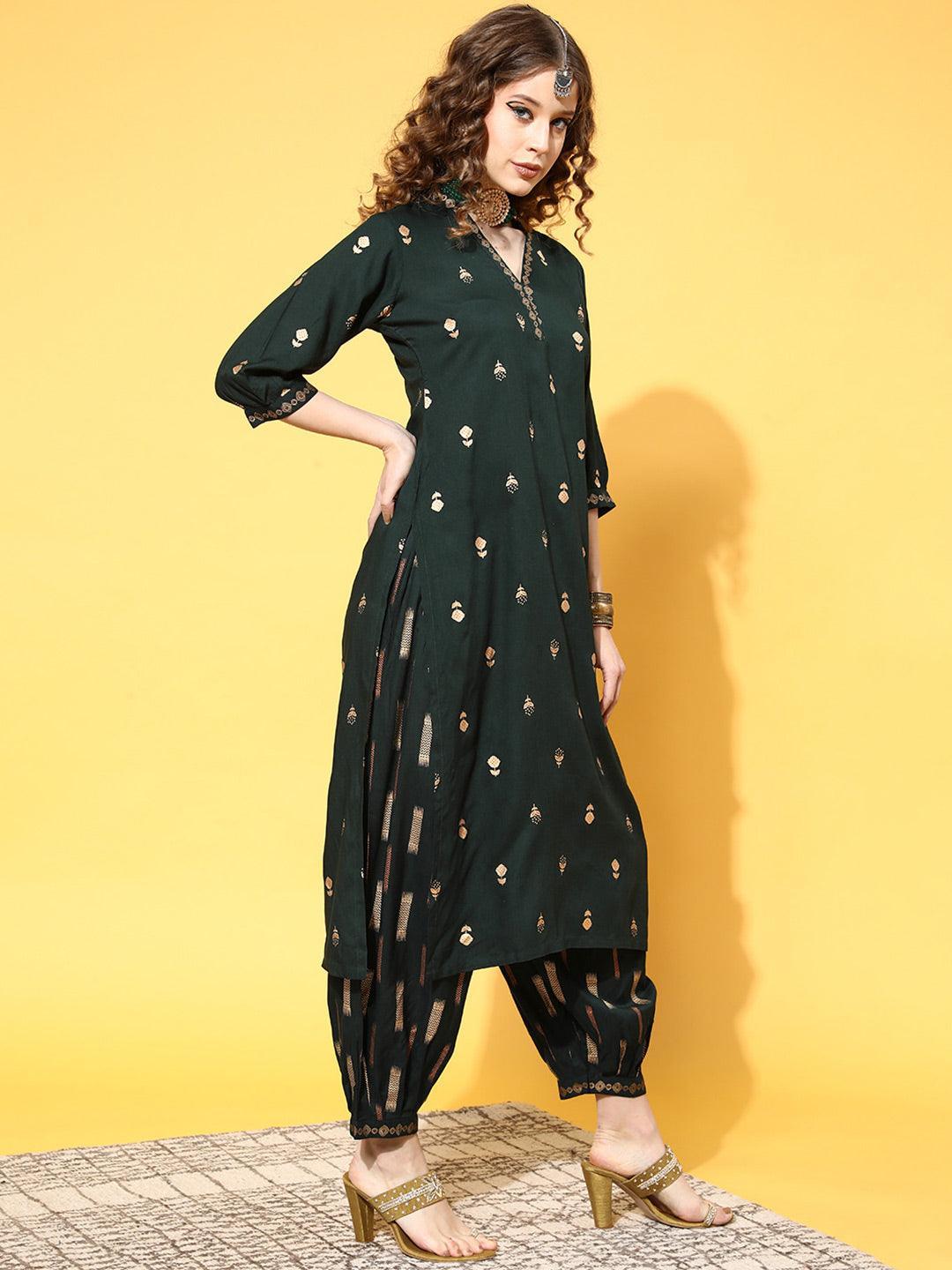 Green Printed Rayon Suit Set