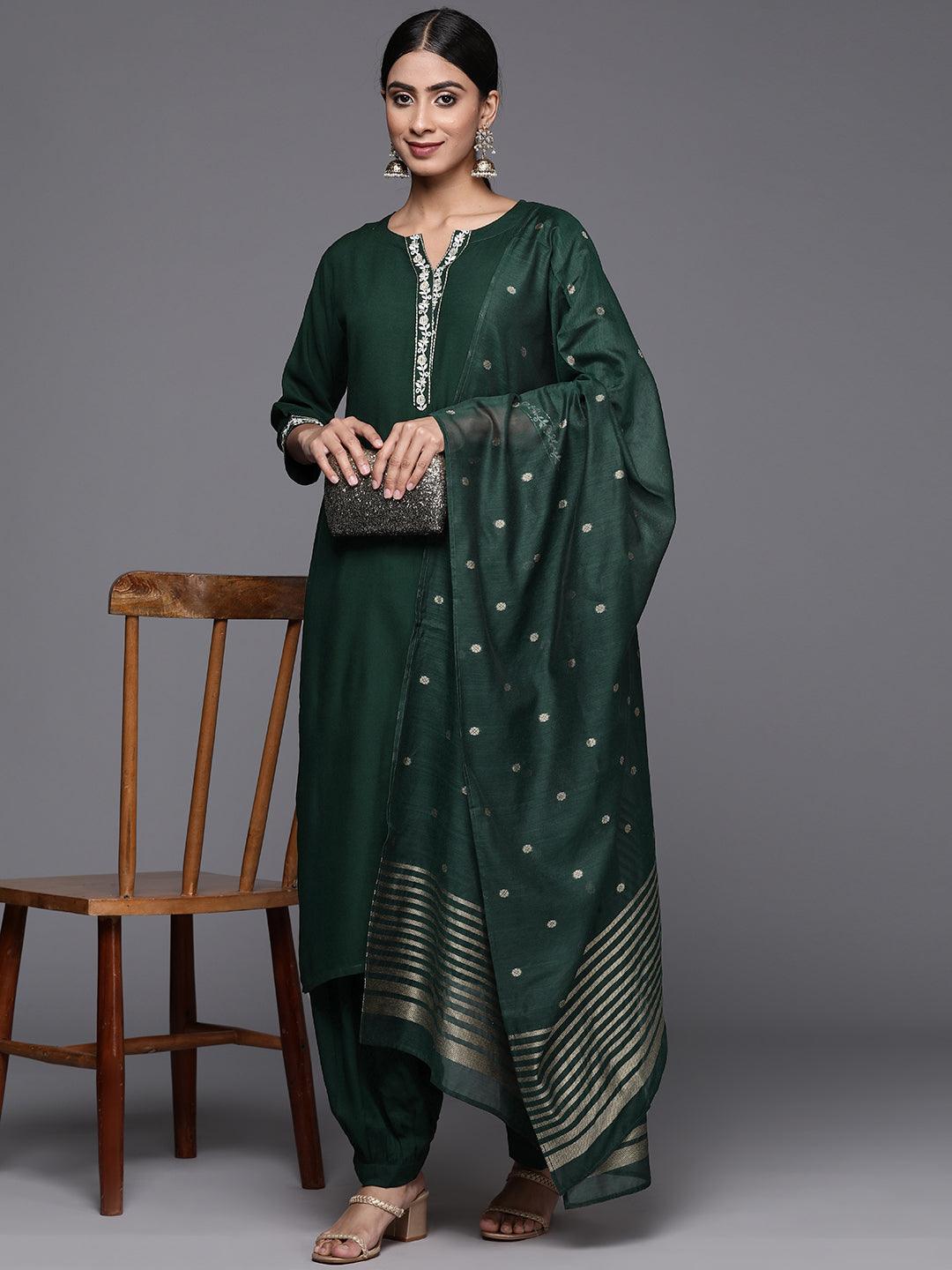 Green Printed Rayon Straight Kurta With Salwar & Dupatta