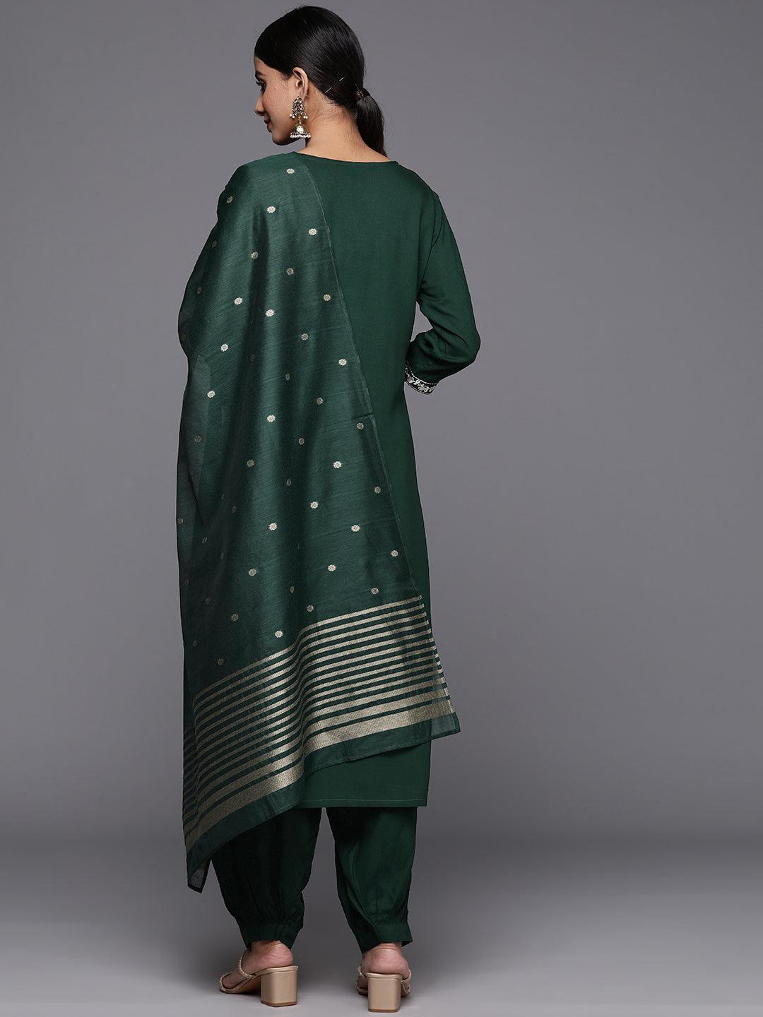 Green Printed Rayon Straight Kurta With Salwar & Dupatta