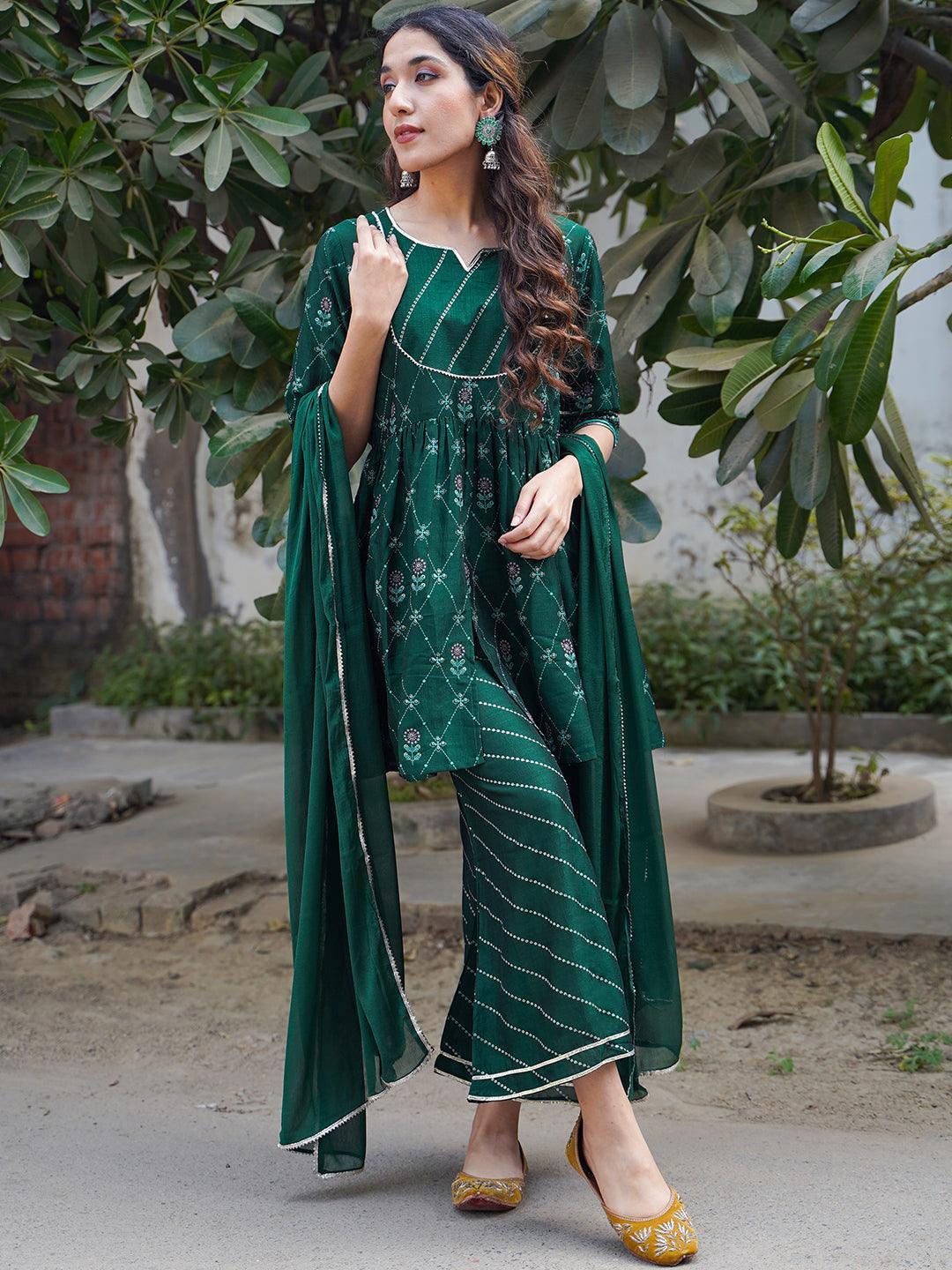 Green Printed Silk Blend Suit Set With Palazzos - Libas