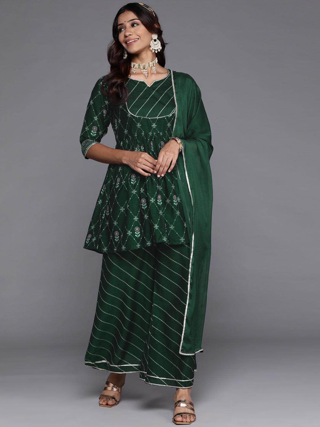 Green Printed Silk Blend A-Line Kurta With Palazzos & Dupatta