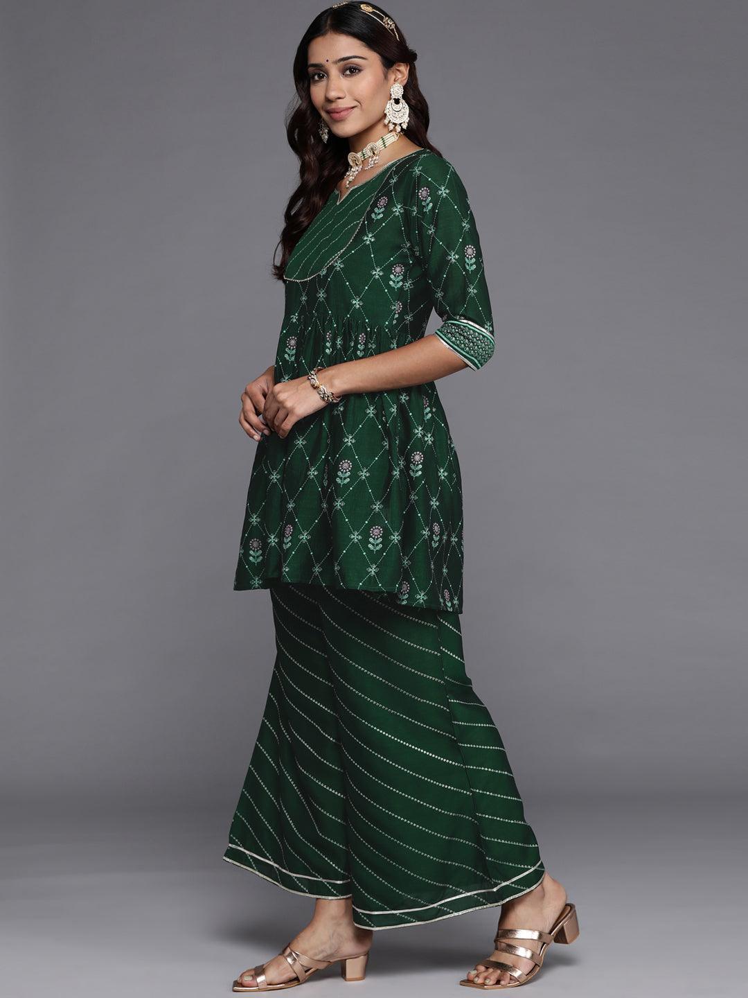 Green Printed Silk Blend A-Line Kurta With Palazzos & Dupatta