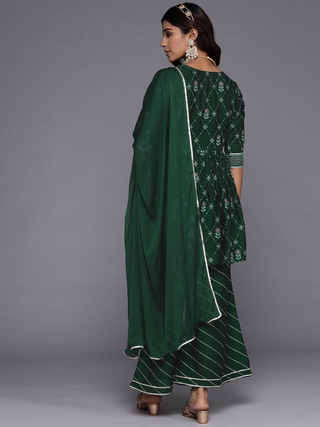 Green Printed Silk Blend Suit Set With Palazzos - Libas