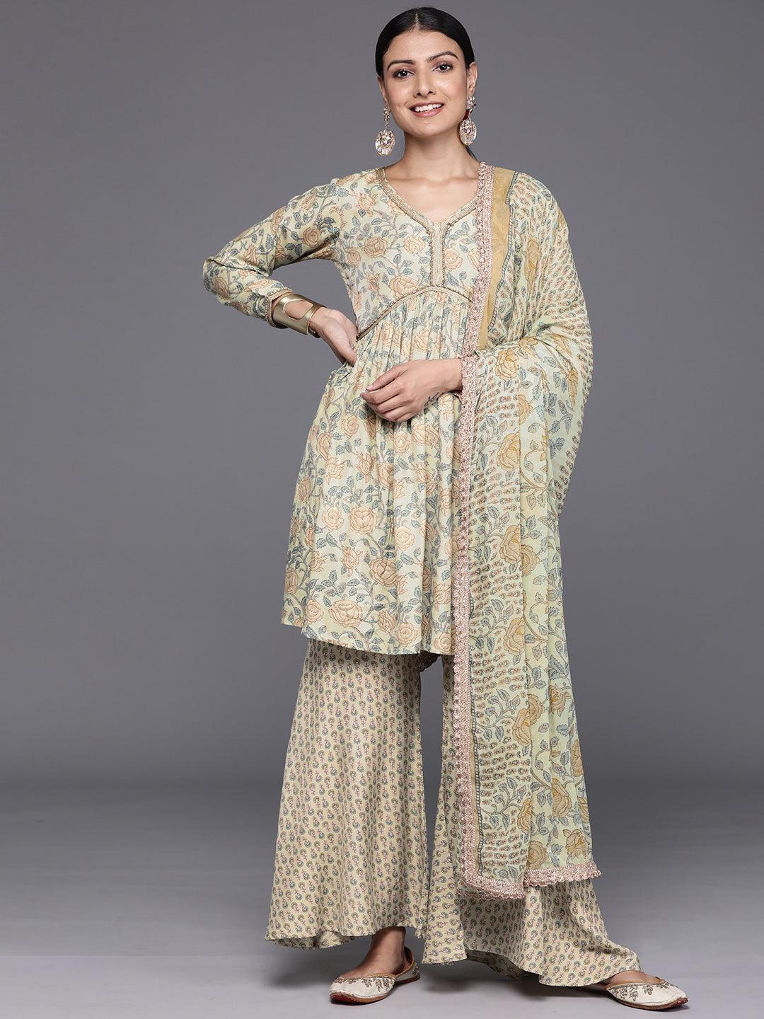 Green Printed Silk Blend A-Line Kurta With Sharara & Dupatta