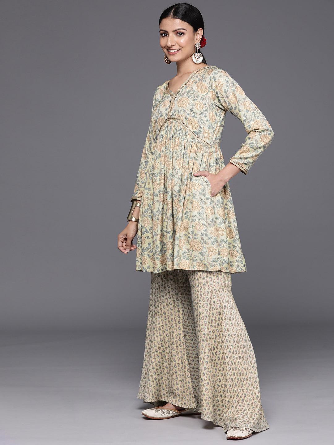 Green Printed Silk Blend A-Line Kurta With Sharara & Dupatta