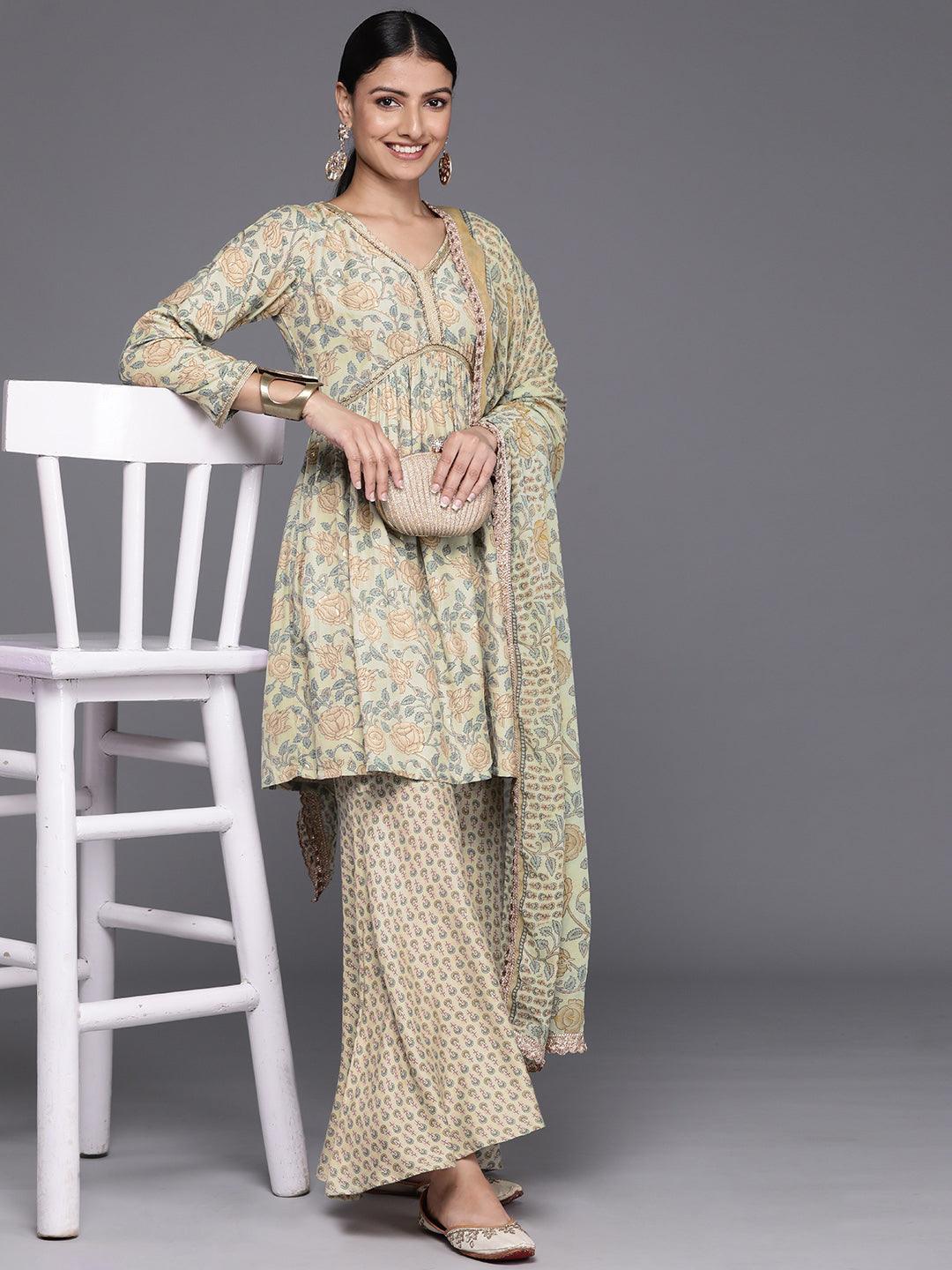 Green Printed Silk Blend A-Line Kurta With Sharara & Dupatta